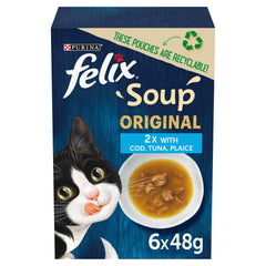 FELIX Soup Fish Selection Plaice, Tuna and Cod Wet Cat Food 6x48g (Pack of 8)