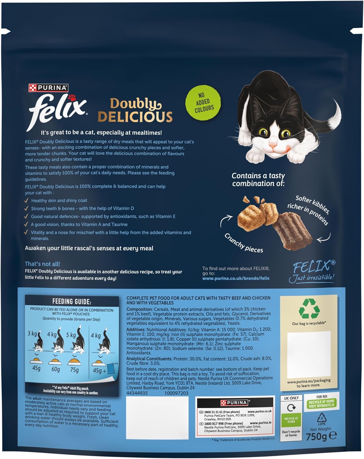 Felix Doubly Delicious Beef Chicken & Vegetables Dry Cat Food 750g (Pack of 4)