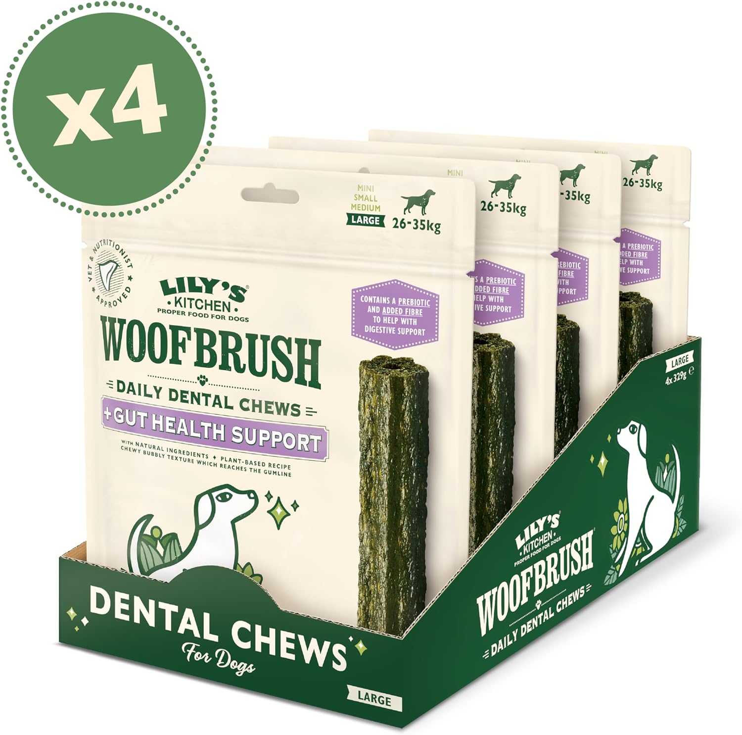 Lily's Kitchen Woofbrush Large Gut Health Dental Dog Chew 7 Pack 329g (Pack of 4)