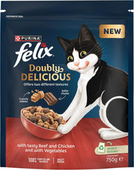 Felix Doubly Delicious Beef Chicken & Vegetables Dry Cat Food 750g (Pack of 4)