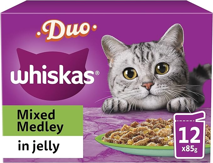 Whiskas 1+ Duo Mixed Adult Cat Food in Jelly 12 x 85g (Pack of 4)