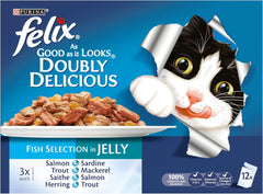 FELIX Doubly Delicious Fish Selection in Jelly Cat Food 12x100g (Pack of 4)