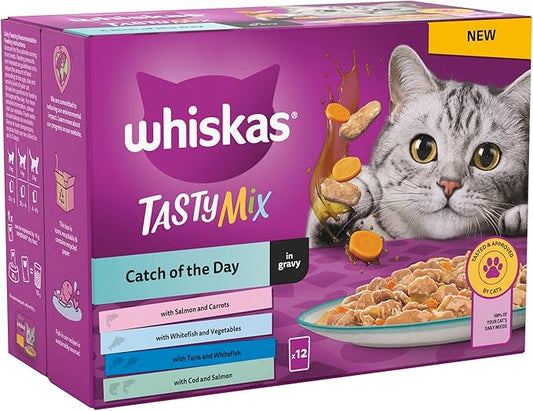 Whiskas 1+ Catch of the Day Mix Adult Cat Food Pouches in Gravy 12 x 85g (Pack of 4) - Hungry Tails
