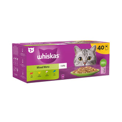 Whiskas 1+ Mixed Menu, Adult Cat Food Pouches in Jelly 40 x 85g (Pack of 1)