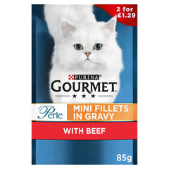 GOURMET Perle Mini Fillets in Gravy Beef Cat Food 85g (Pack of 26) - Hungry Tails