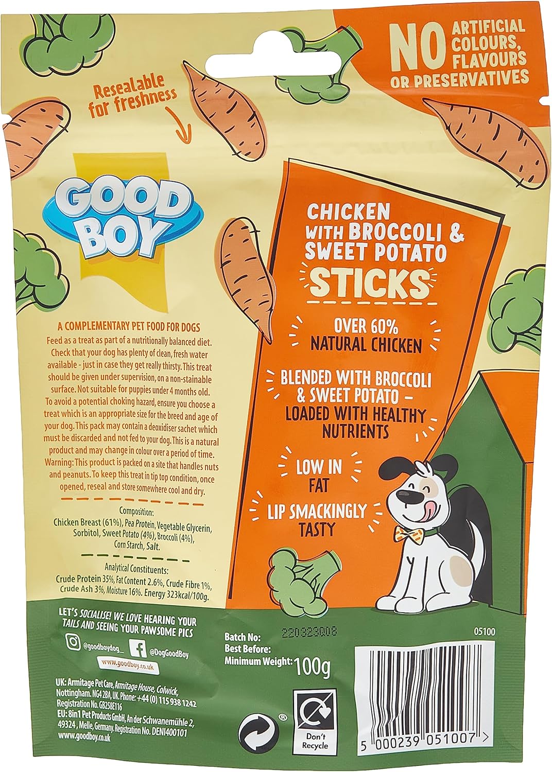 Good Boy Super Licious Chicken with Broccoli & Sweet Potato Sticks 100g (Pack of 12)