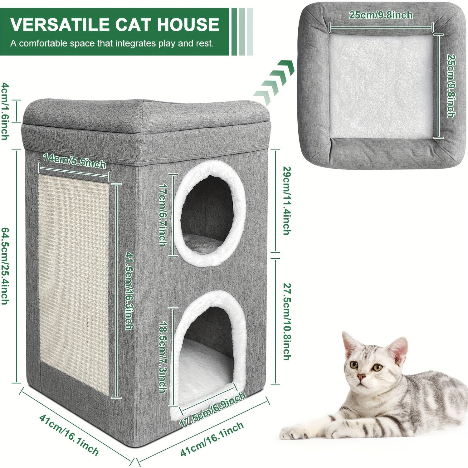 Cat house with cat scratcher and sleeping bed