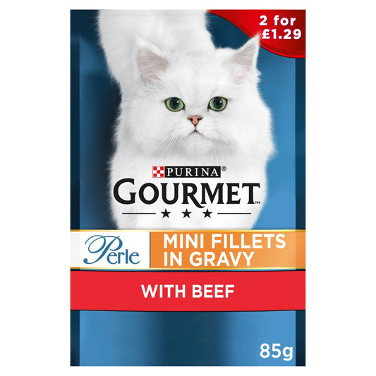 GOURMET Perle Mini Fillets in Gravy Beef Cat Food 85g (Pack of 26) - Hungry Tails