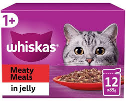 Whiskas 1+ Meaty Meals, Adult Cat Food Pouches in Jelly 12 x 85g (Pack of 4)